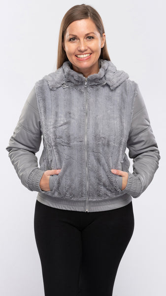 Women's Grey Fur Jacket w/Hood-1 Color/4 Sizes-16pcs/pack OR 8pcs/pack