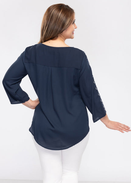 Women's Embroidered Neck Top With 3/4 Sleeves-4 Colors/4 Sizes-12pcs/pack ($10.90/pc)
