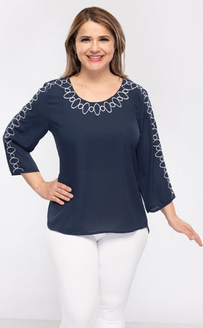 Women's Embroidered Neck Top With 3/4 Sleeves-4 Colors/4 Sizes-12pcs/pack