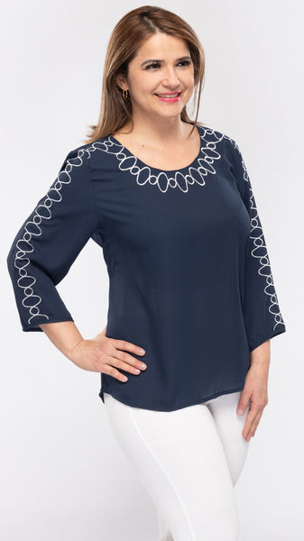 Women's Embroidered Neck Top With 3/4 Sleeves-4 Colors/4 Sizes-16pcs/pack ($10.90/pc)