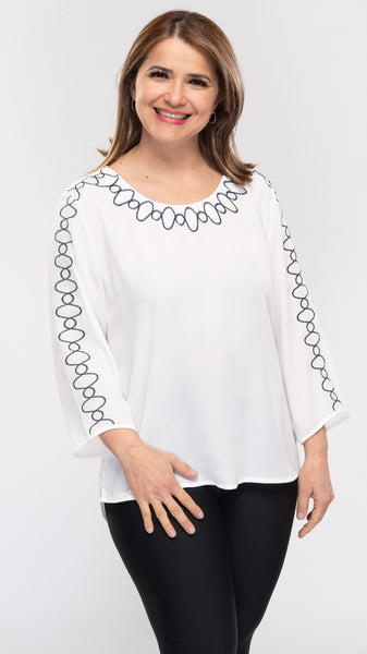 Women's Embroidered Neck Top With 3/4 Sleeves-4 Colors/4 Sizes-12pcs/pack ($10.90/pc)