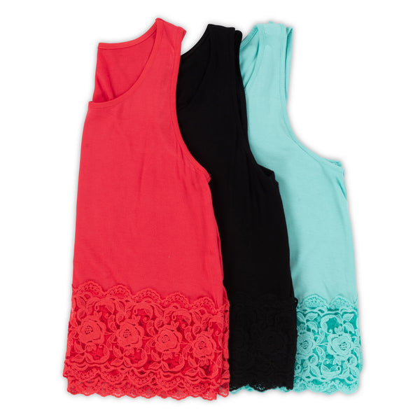 Women's Sleeveless Top w/Lace Trim - 3 Colors/3 Sizes - 9ps/pack ($7.90/pc)