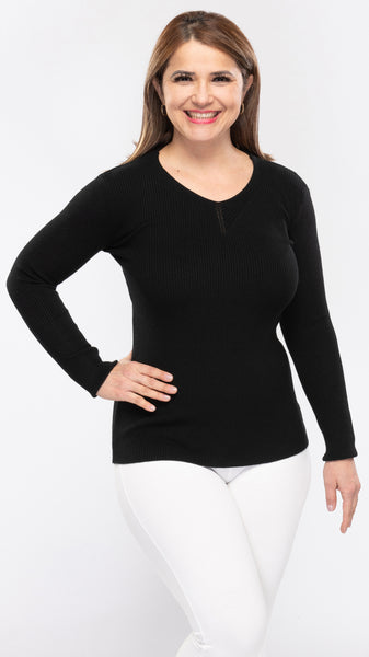 Women's Knit "V Neck" L/S Stretch Top-3 Cols-3 Sizes-12pcs/pack