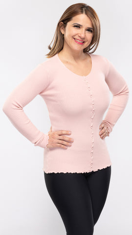 Women's Knit "Front Frill" L/S Stretch Top-3 Colors/3 Sizes-12pcs/pack